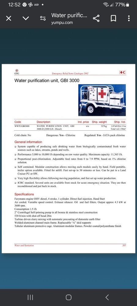 Emergency Water Purification System / Fire Suppression Unit. Diesel Powered