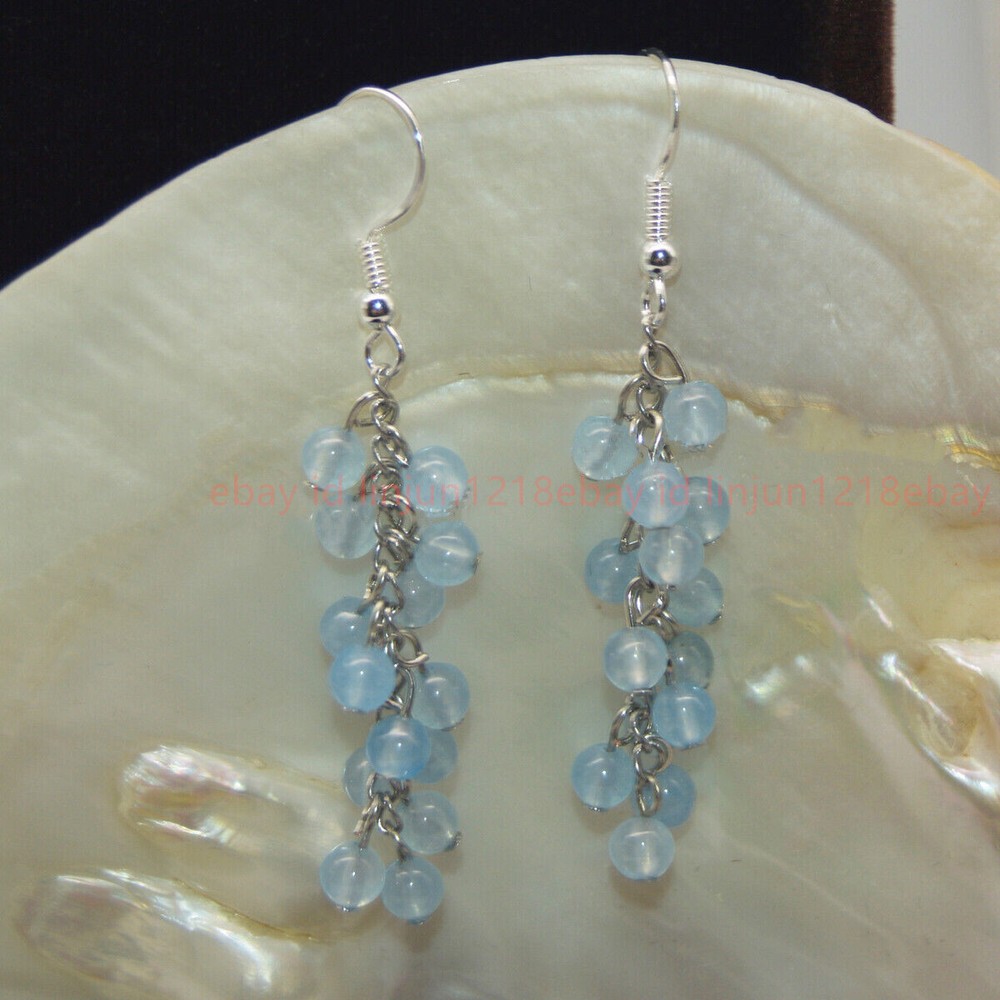4mm Natural Blue Jade Gemstone Round Beads Grape Silver Hook Dangle Earrings