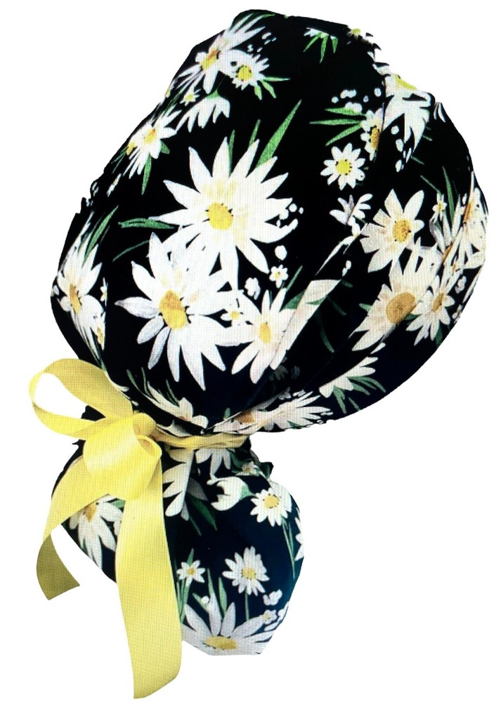 Ponytail Scrub cap, large white daisies working cap with tie backs Size fits all
