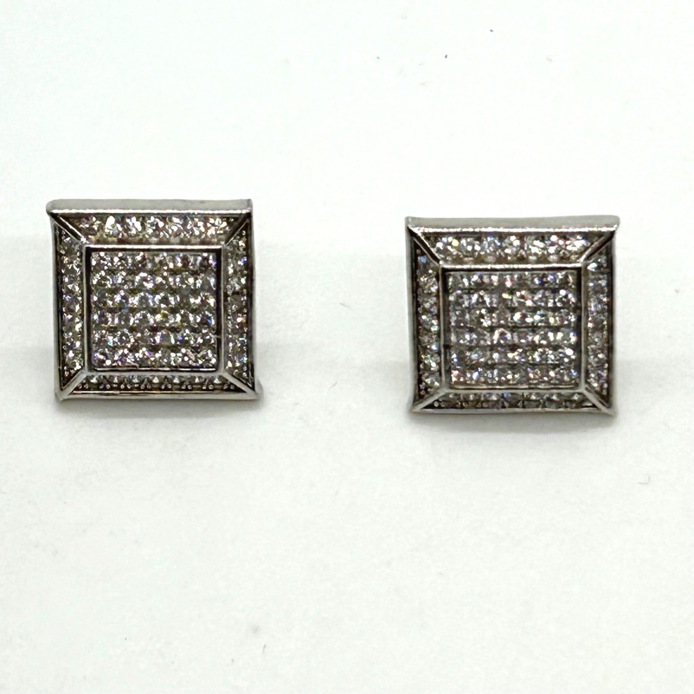 Sterling Silver Square CZ Stud Earrings Iced Out Hip Hop READ Backs Missing