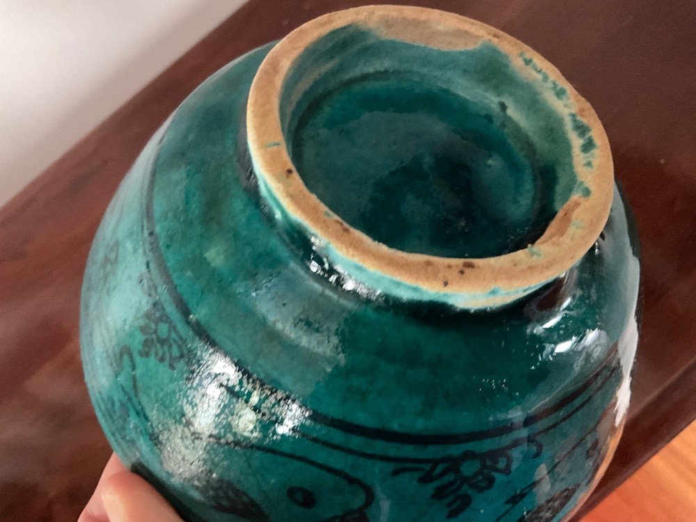Antique Persian Blue Glazed Pottery Ceramic Footed Bowl Fish