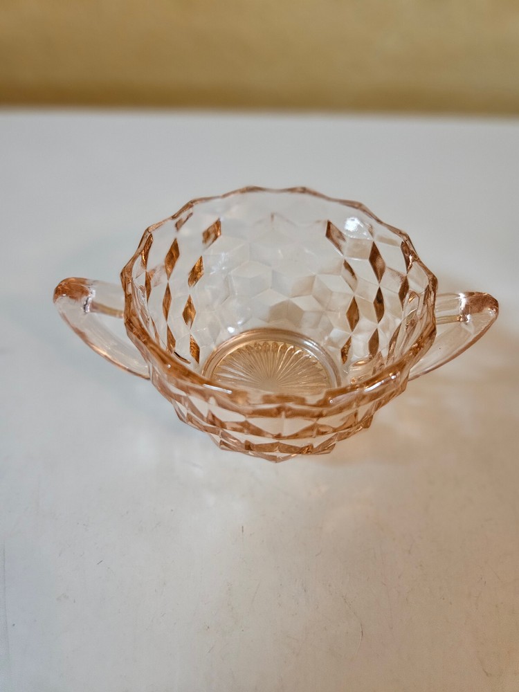 Depression Pink Jeannette Glass Open Sugar Bowl 2 Handles Cube Pattern