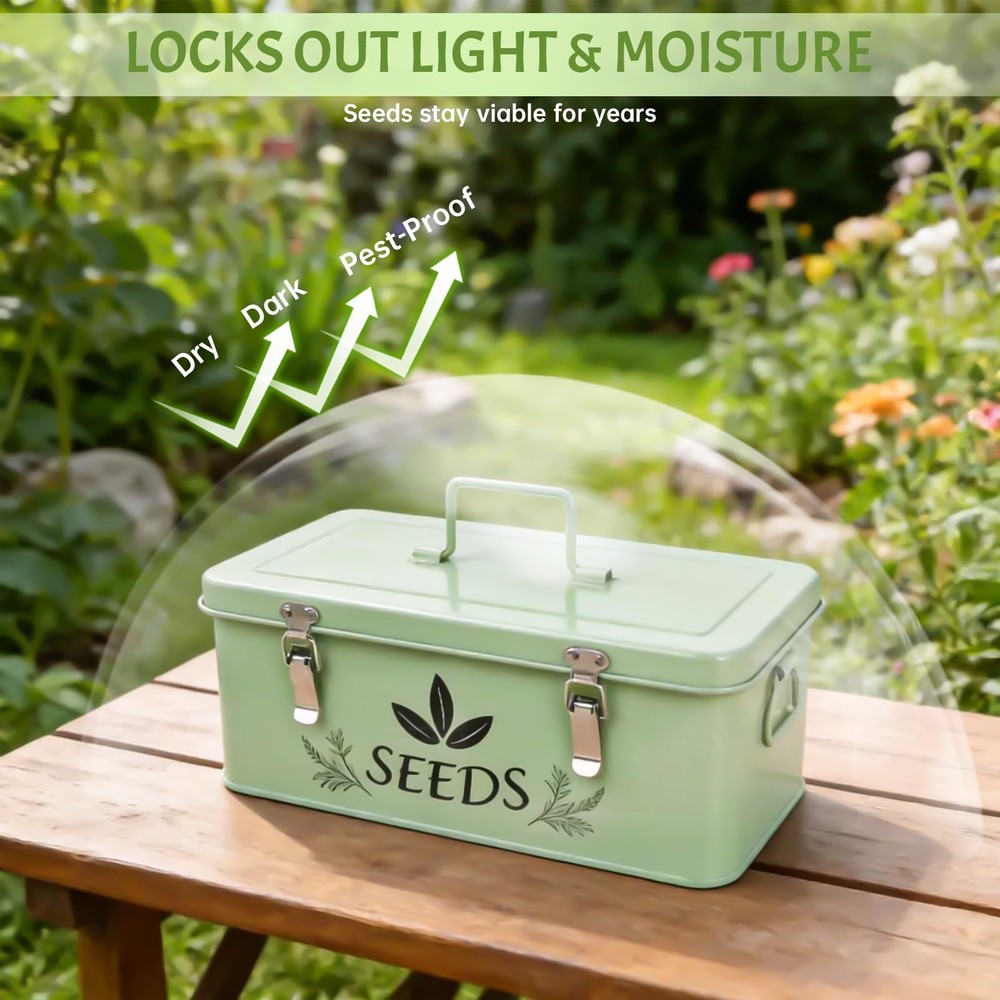 Spring Seed Storage Organizer | 3-Compartment Metal Seed Box with Locking Lid...