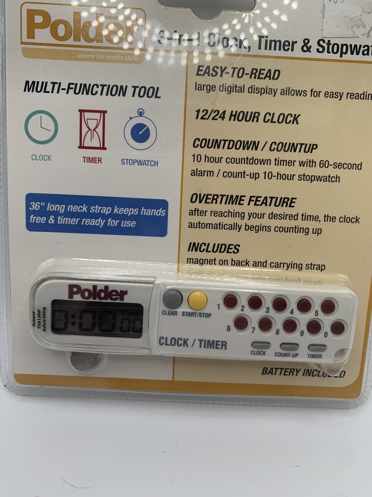 Polder 3-IN-1 Timer Clock & Stopwatch 898-90 Multi Function Tool w/ Lanyard NEW