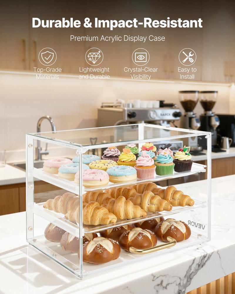 VEVOR 3 Tier Acrylic Bakery Display Case, Countertop Dessert Showcase