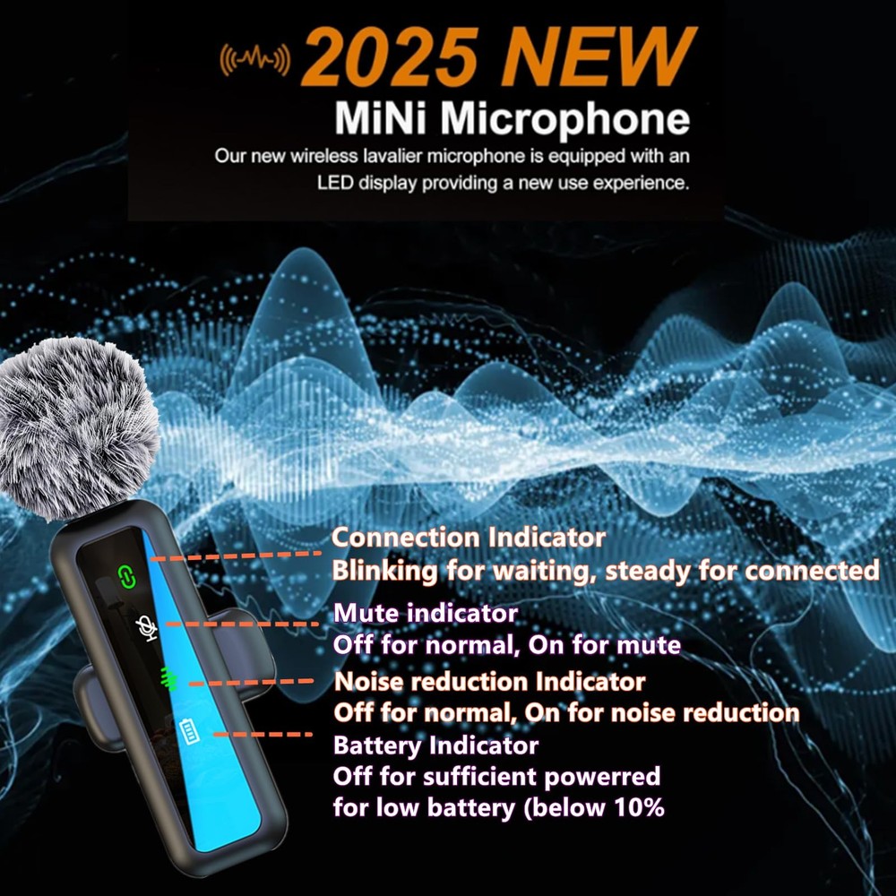 Wireless Lavalier Microphone for iPhone - iPad, Android Phone Computer, black