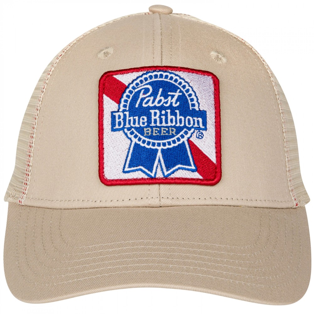 Pabst Blue Ribbon Square Logo Patch Adjustable Trucker Hat Beige