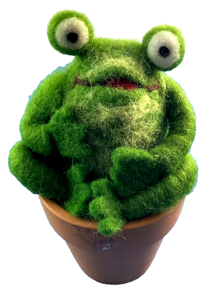 Felted Frog In Flower Pot 5" Tall Spring