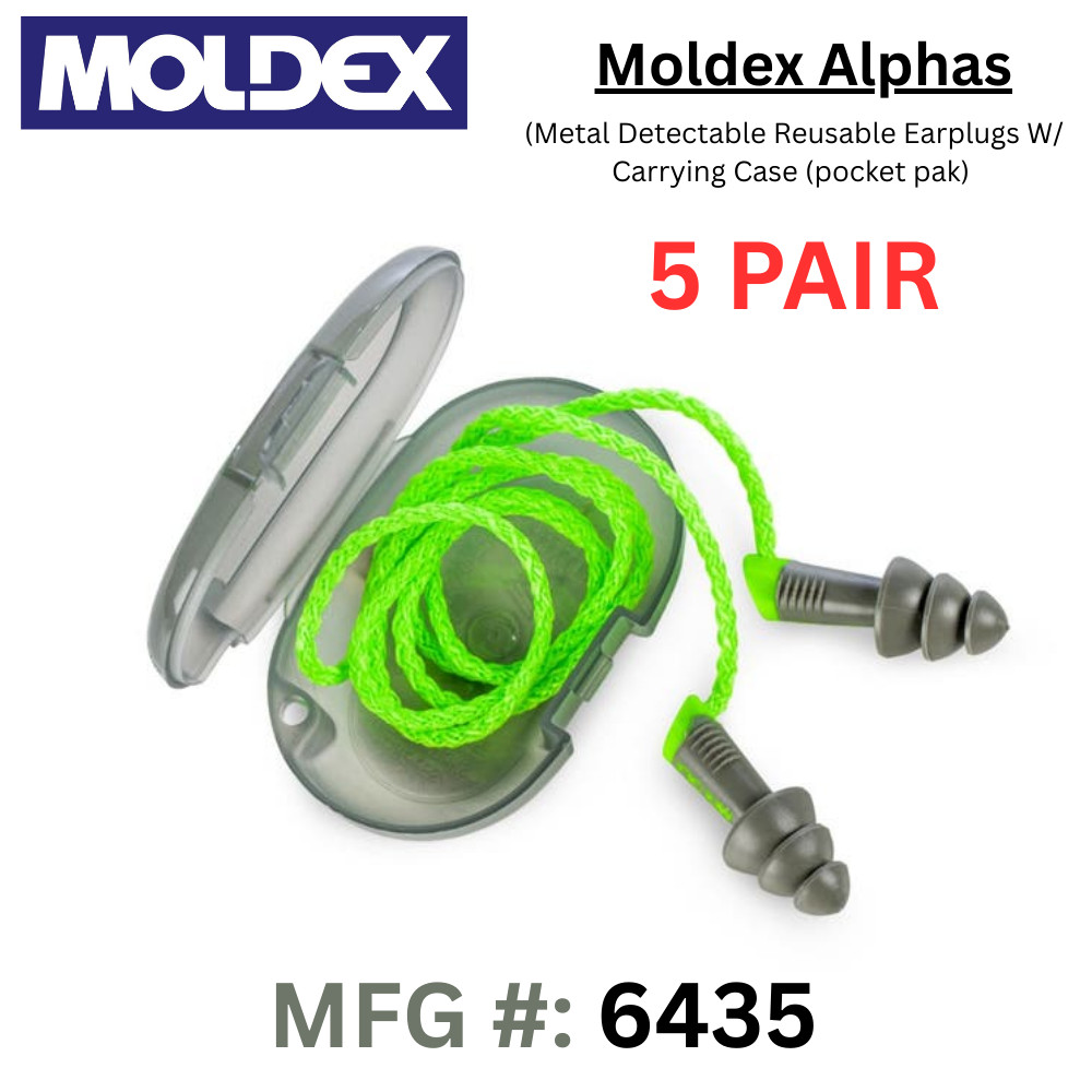 6435 Moldex Alphas Earplug,  Reusable, Flanged, Corded, Metal Detectable - 5 pk