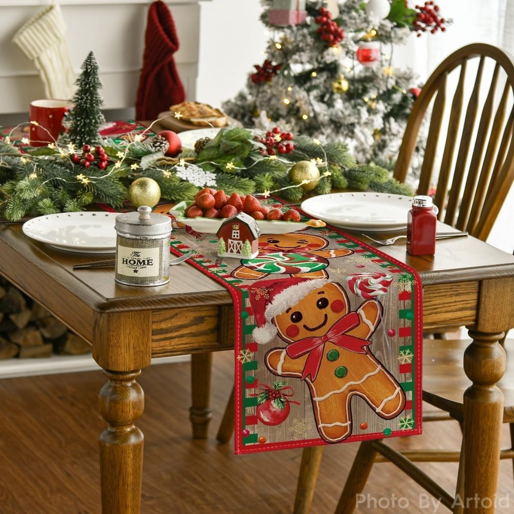 Gingerbread Candy Cane Christmas Table Runner 13x72 Inch Winter Decor