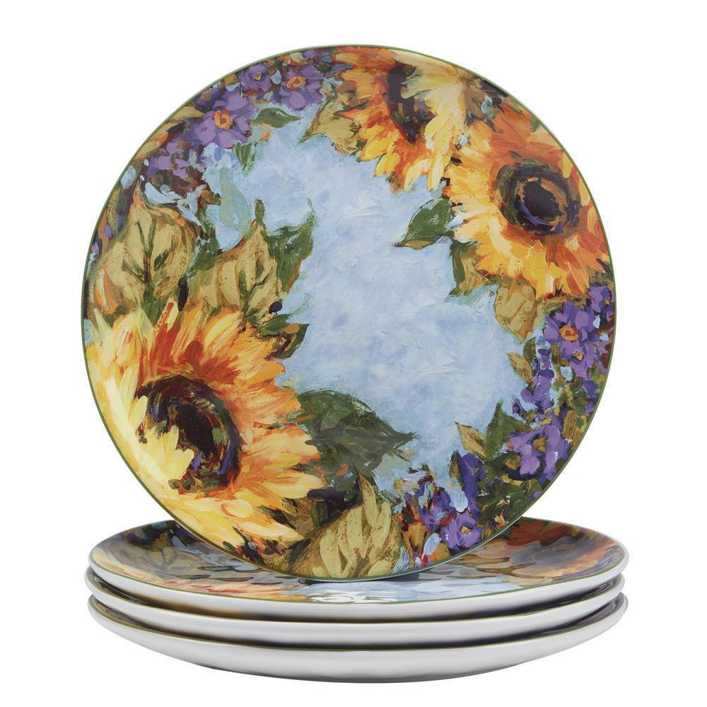 Sunflower Bouquet 16-Piece Multi-Colored Earthenware Dinnerware Set Service for