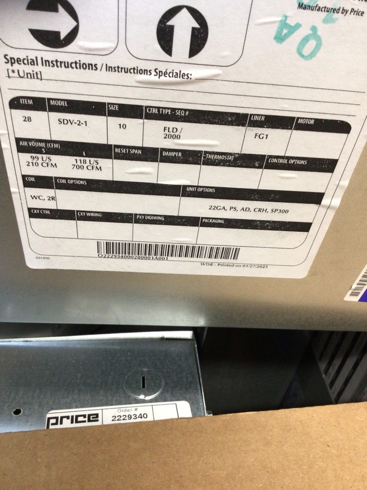 Price Single Duct Terminal Units Model SDV-2-1 New