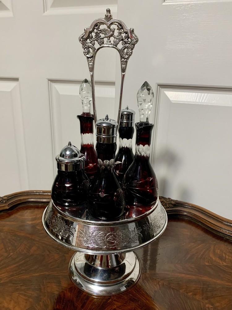 Ruby Cut-to-Clear Bottles Silver Plate Frame Stand/Holder Cruet Condiment Set