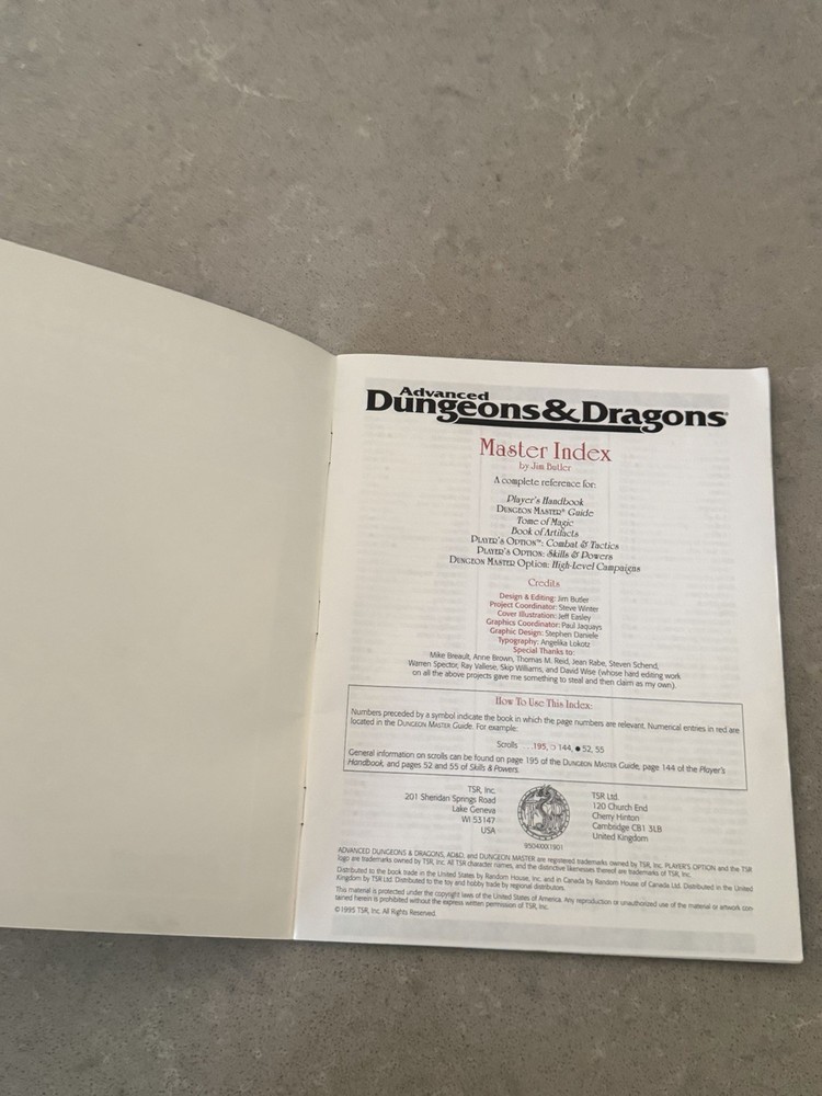 AD&D Advanced Dungeons & Dragons Dungeon Master Screen & Master Index TSR 9504