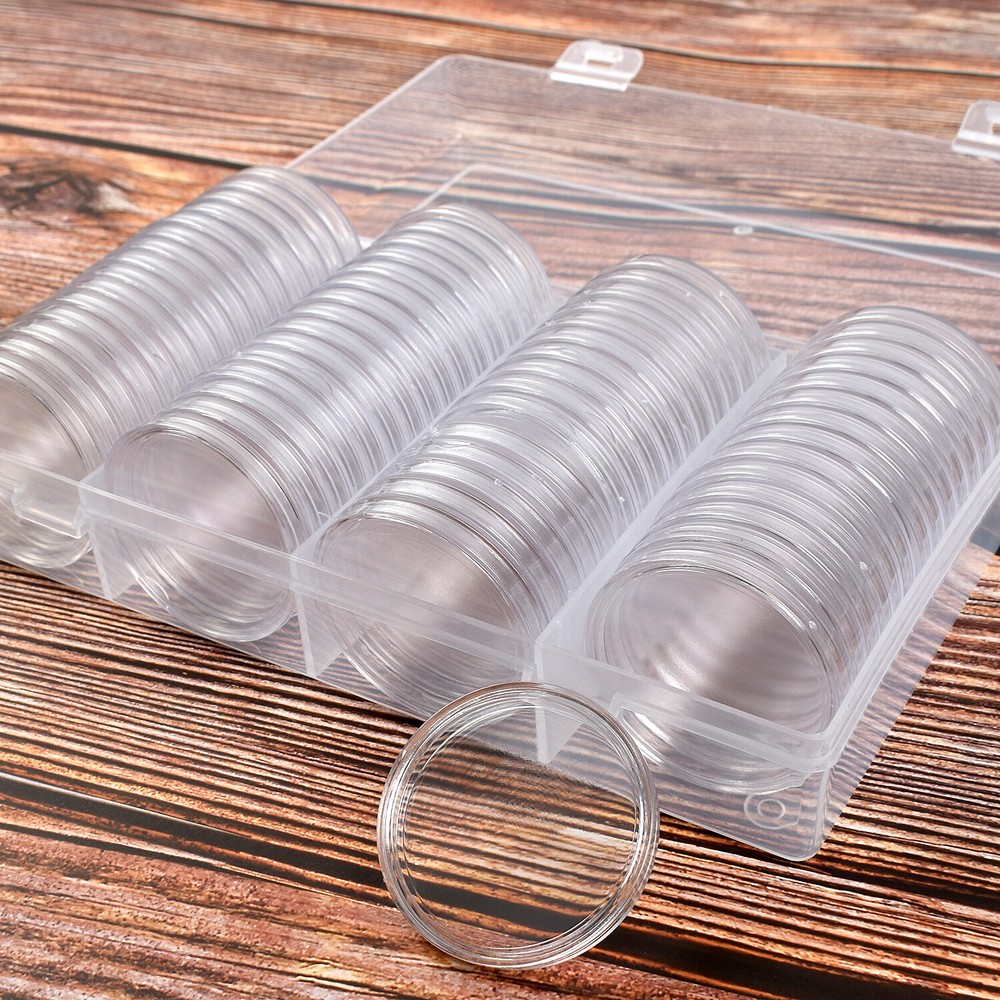 60Pcs 40mm Clear Round Plastic Coin Capsules with Plastic Storage Box Case