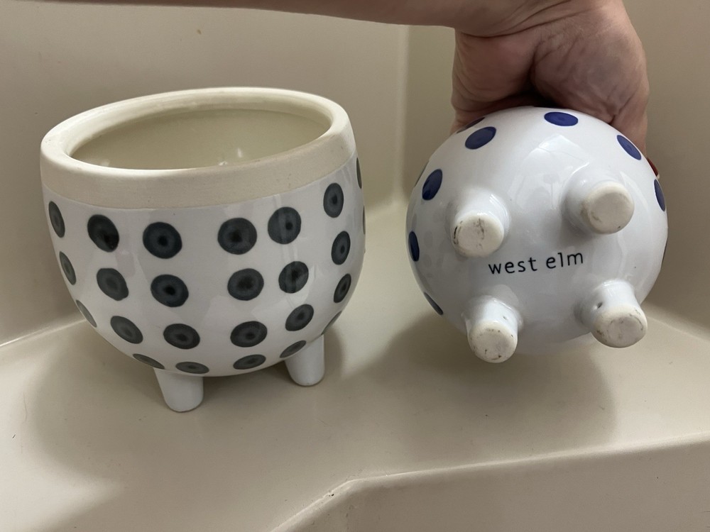 set 2 west elm decorative footed ceramic pots spherical w/ dots plant flower