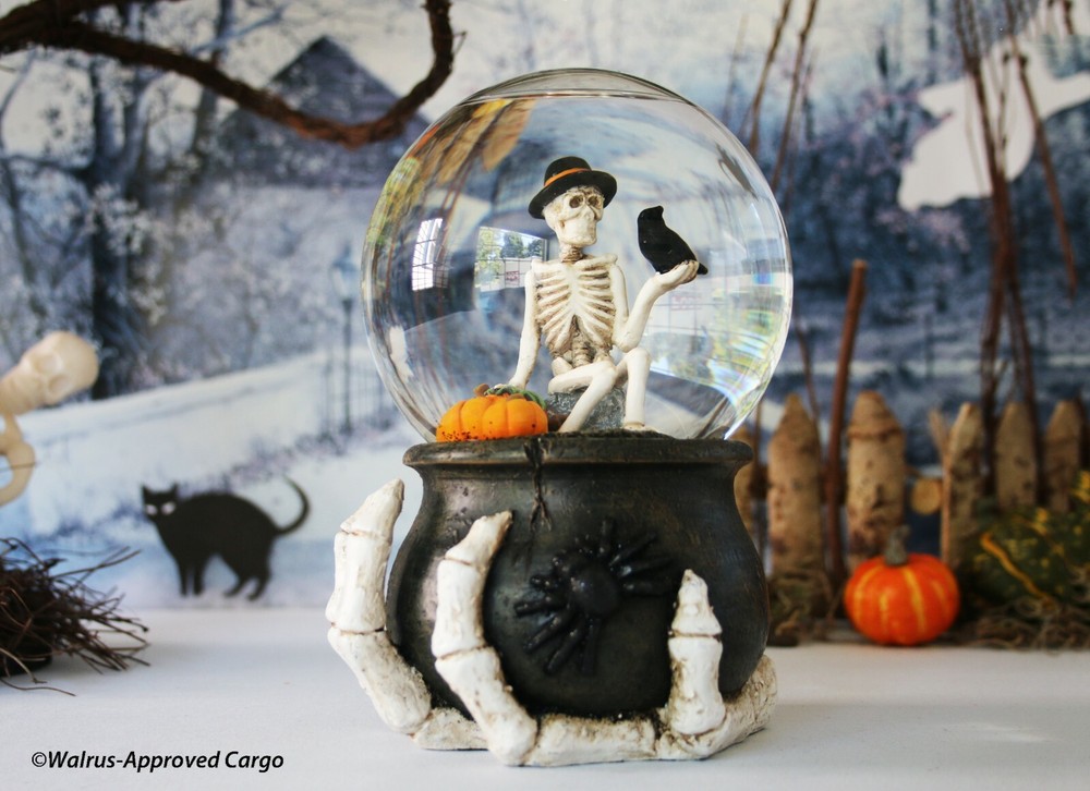 SKELETON, CROW & CAULDRON SNOWGLOBE – SHAKE UP THAT BLAH HALLOWEEN DÉCOR!