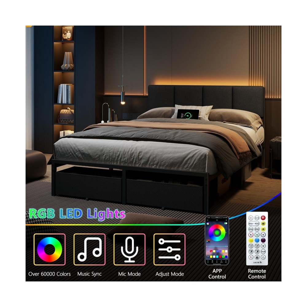 Furnulem Full Size Bed Frame with Headboard, Upholstered Full Bed Frame with ...