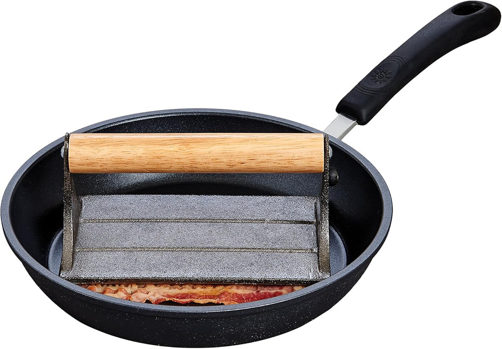 Heavyweight Cast Iron Bacon Press, Rectangular with Wood Handle, Stovetop Use