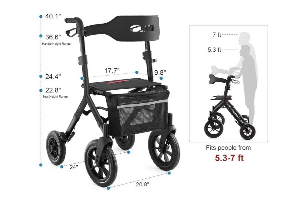 MAXWALK Foldable Rollator Walker Seat 10" Rubber Wheels All Terrain Senior Black