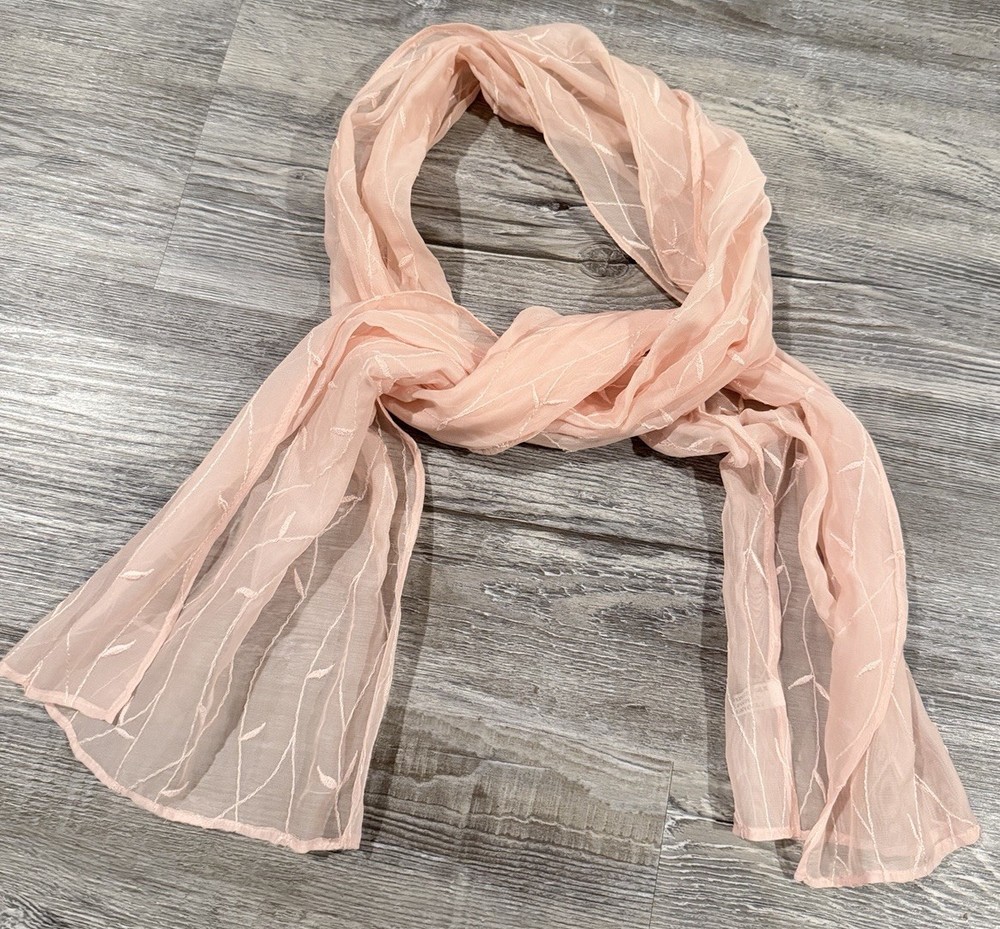 Peach SheeredSilk Blend Chiffon Leafs Embroidered Long Rectangular Scarf 12”x60”