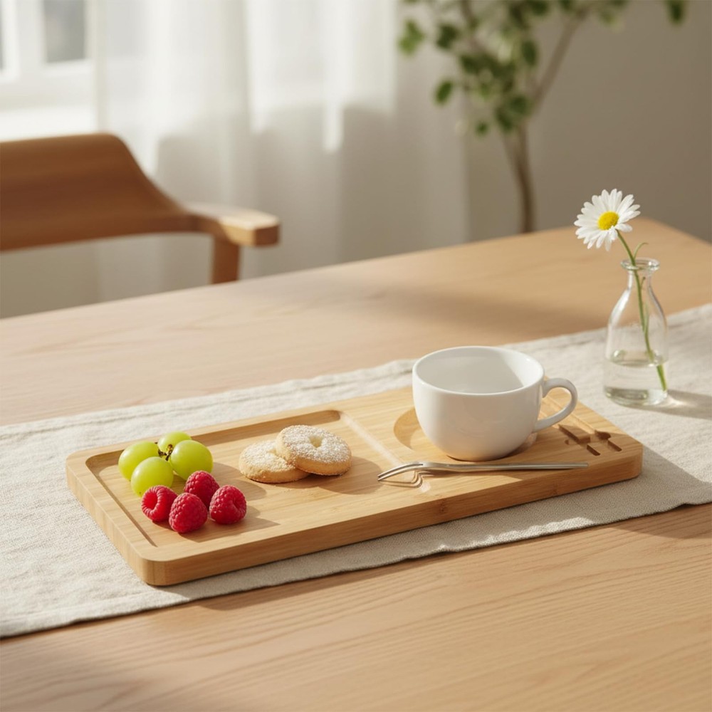 Ninebendstreams Bamboo Serving Tray with Fork and Spoon Lightweight Serving Plat