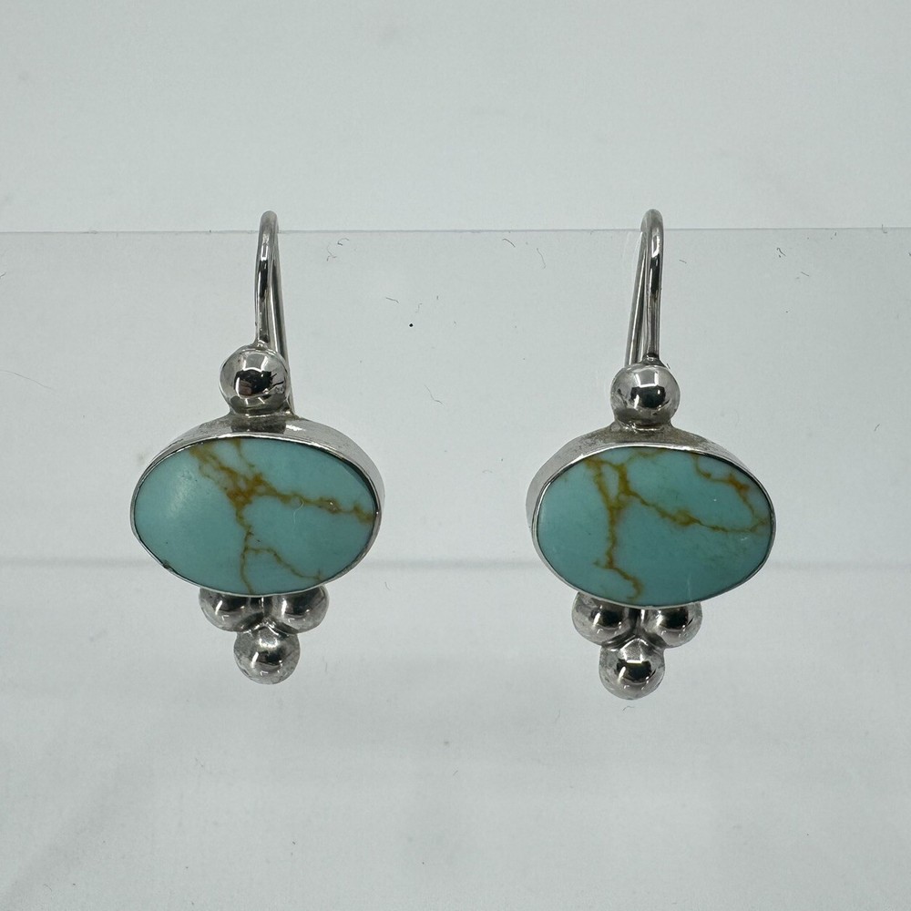 Sterling Silver Mexico Synthetic Turquoise Fishhook Earrings 3.9 Grams