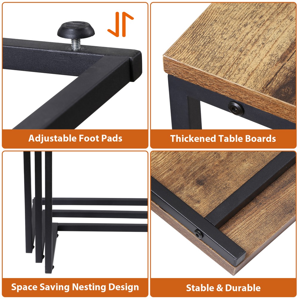 Nesting Coffee Table Set of 3 Stacking C-Shape Accent End Table with Metal Frame