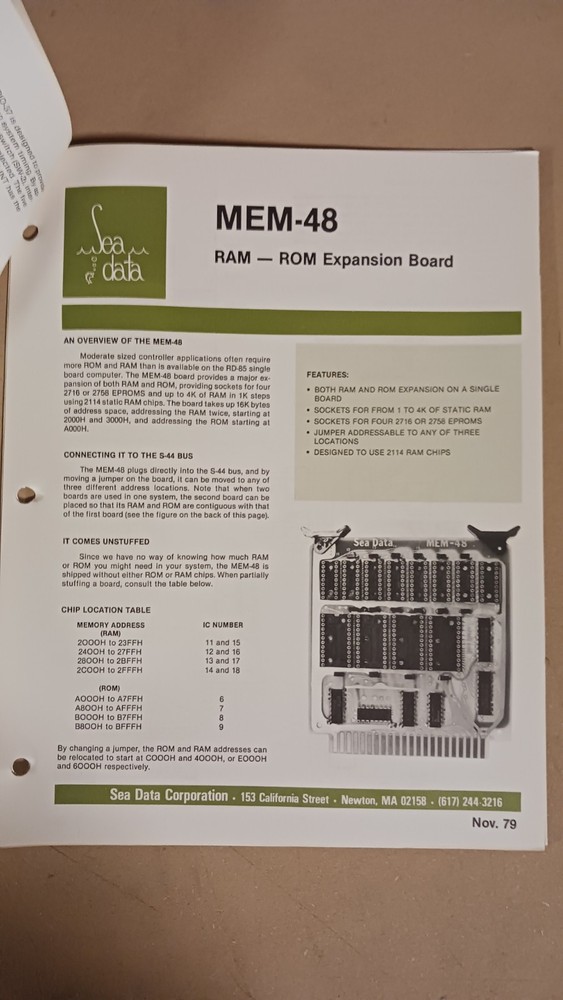 Sea Data Corporation RD-85 Single Board Microcomputer and Related Data Sheet
