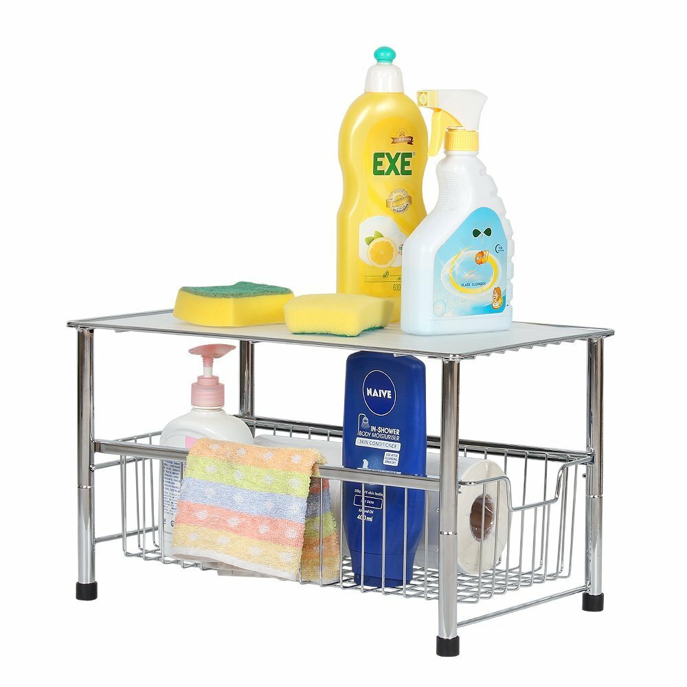 2-Tier Stackable Under Sink Organizer w/Sliding Storage Drawer Cabinet Kitchen