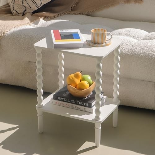 End Table, Small Side Table with Storage Shelf, 2-Tier Modern NightStand White
