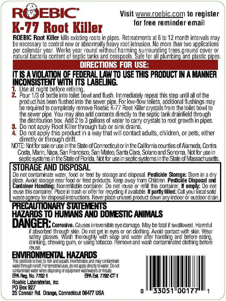 K-77 Root Killer - Sewer Septic Systems Pipe Clearing Stops Growth Safe Plumbing