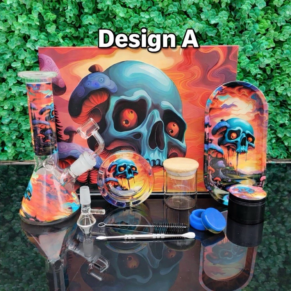 Glass Water Pipe Smoking Accessories Bundle Tray Grinder Jar Ashtray Set.