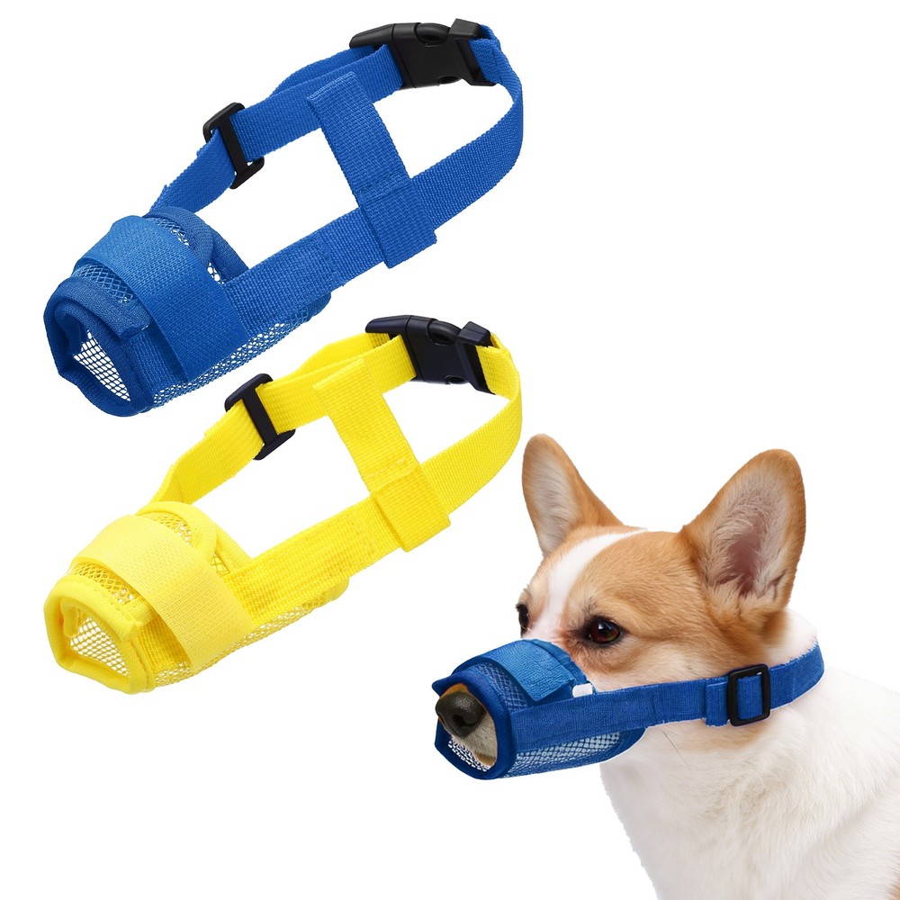 2Pcs Dog Muzzle Soft Mesh Muzzle Mouth Guard Cover Yellow Blue L