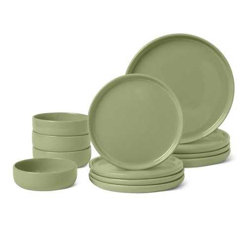 12-Piece Olive Stoneware Dinnerware Set, 4 Place Settings, Microwave & Dishwashe