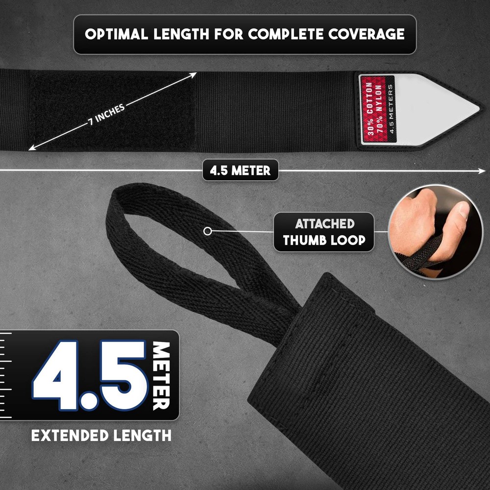 Hand Wraps 4.5M, Thumb Loop, Cotton Nylon Blend, Training, Black