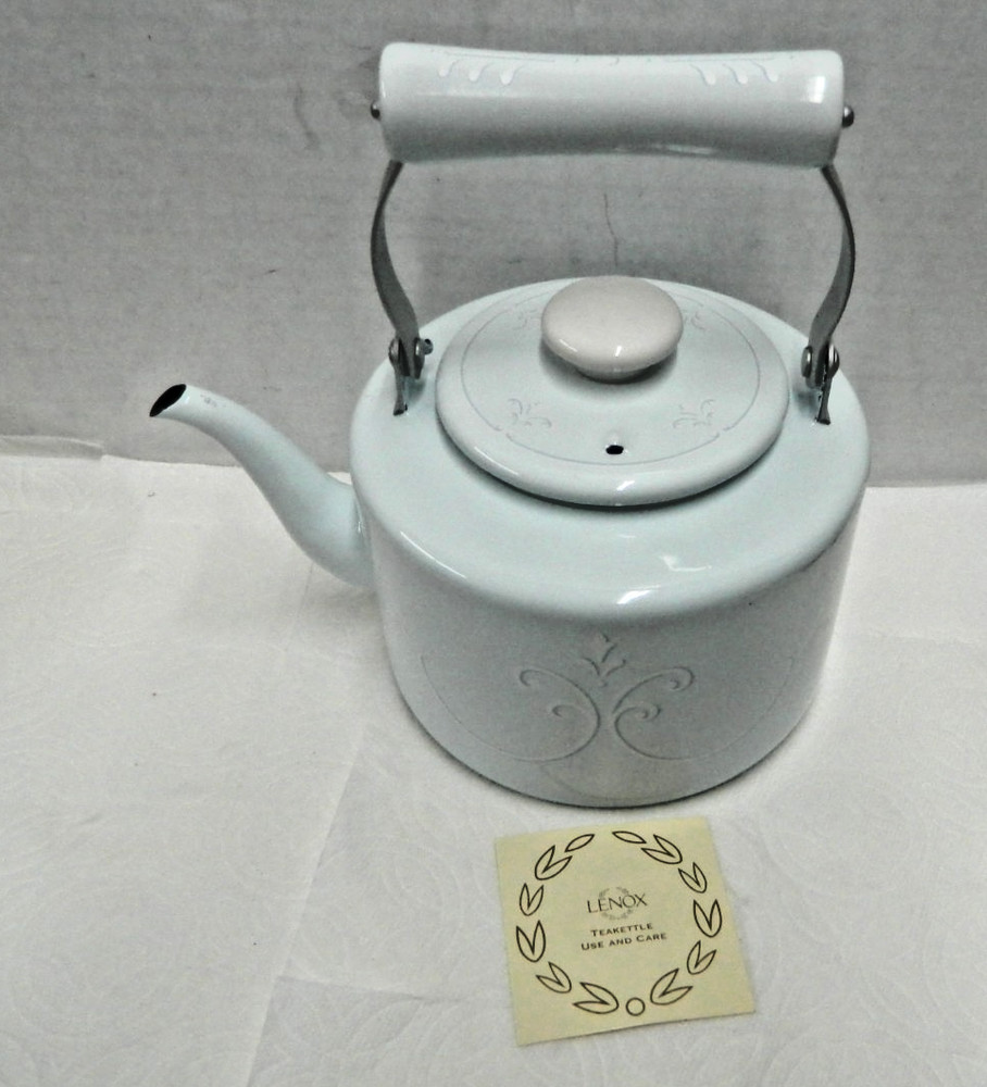 LENOX WHITE SWIRL DESIGN ENAMEL TEAKETTLE WITH TAG