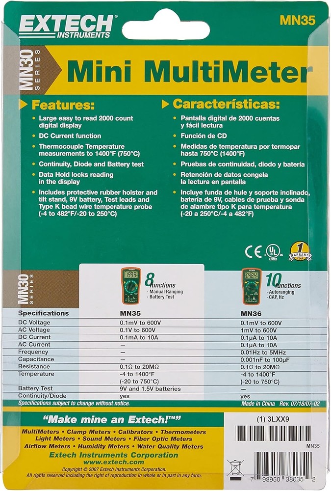 Extech 645618 MN35 Digital Mini MultiMeter Black
