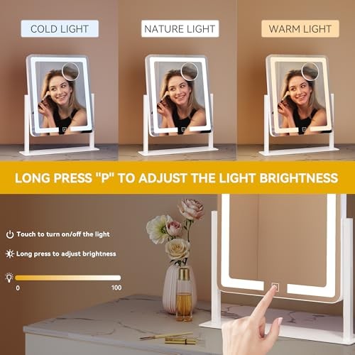 Vanity Mirror with Lights, 3 Color Lighting Modes, Magnification Mirror,