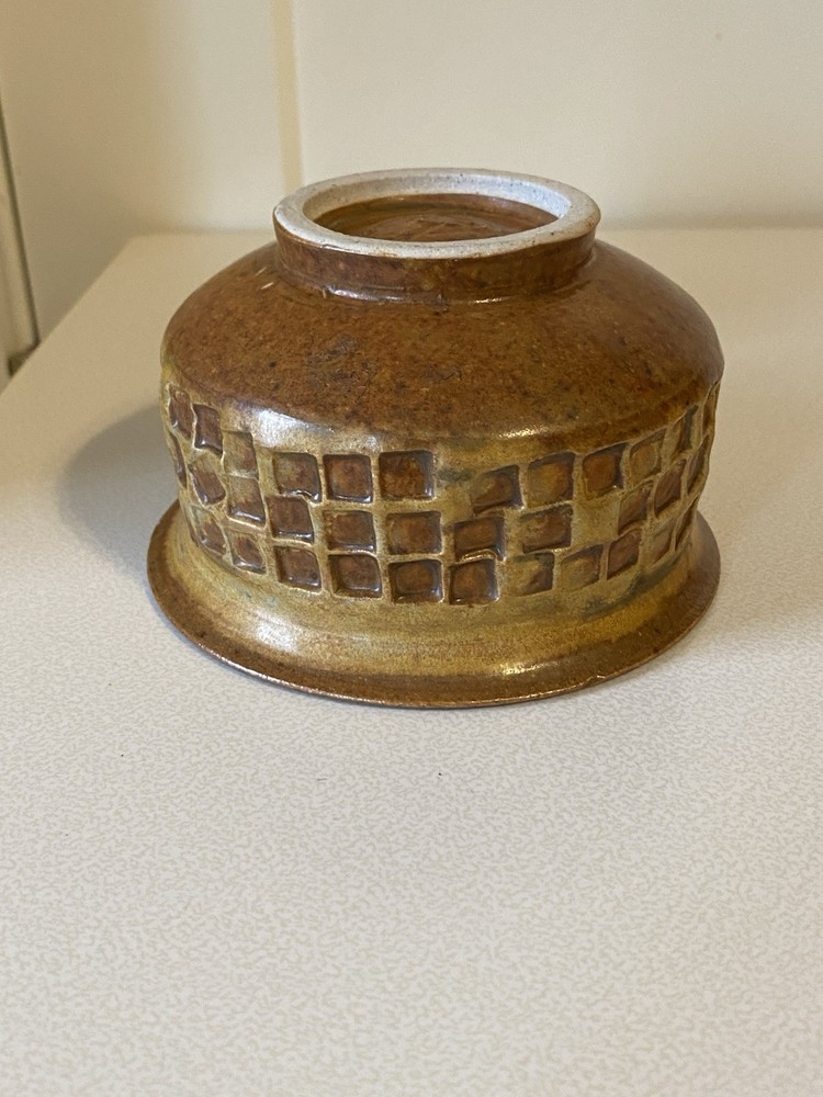 Unique Art Pottery Stoneware Lidded Jar Brown Beige Neutral Rust Square Pattern