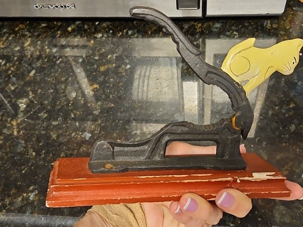 Vintage Cast Iron White Cat Nutcracker On Wooden Base