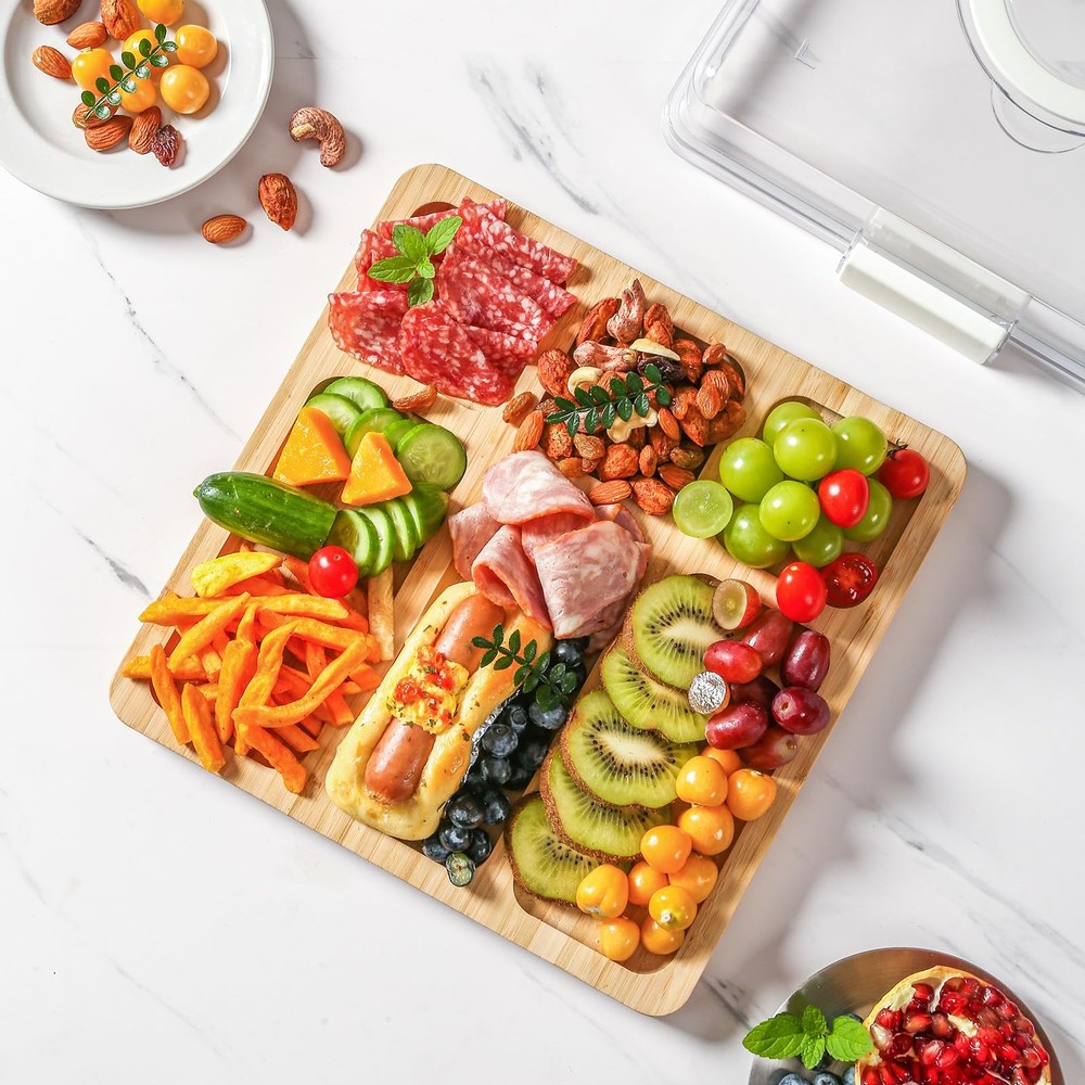 Charcuterie Board with Clear Locking Lid and Handle, Single Compartment Bamboo C