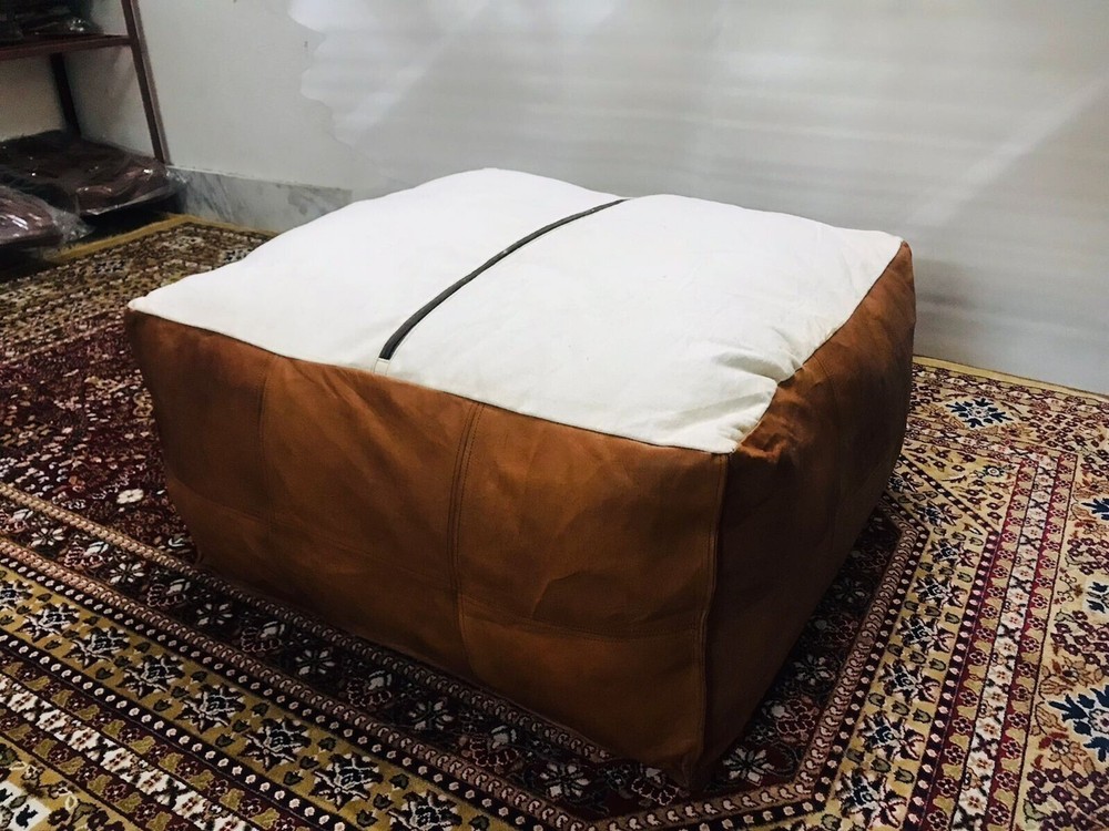 Authentic Moroccan Leather Pouf Handcrafted Boho Ottoman Genuine Leather Unstuff