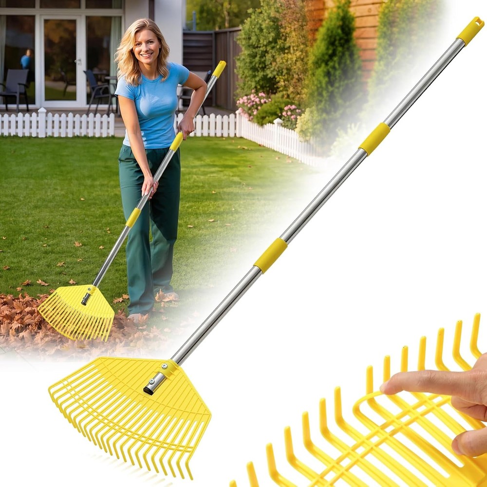 Leaf Rake - 17" Wide Nylon Plastic Head,65" Adjustable Handle,Heavy Duty for Lea