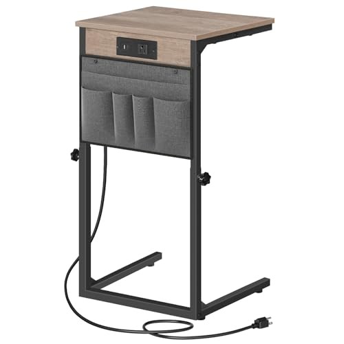 C Shaped End Table with Charging Station, 30” Adjustable 1 Greige + Black