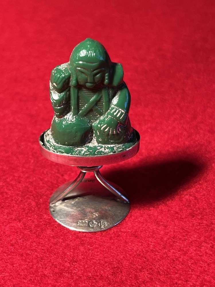 silver miniature small green Buda on pedestal