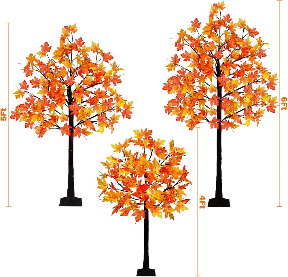 3 Pack Lighted Maple Tree, 4FT 5FT 6FT Artificial Fall Tree with 216 Lights