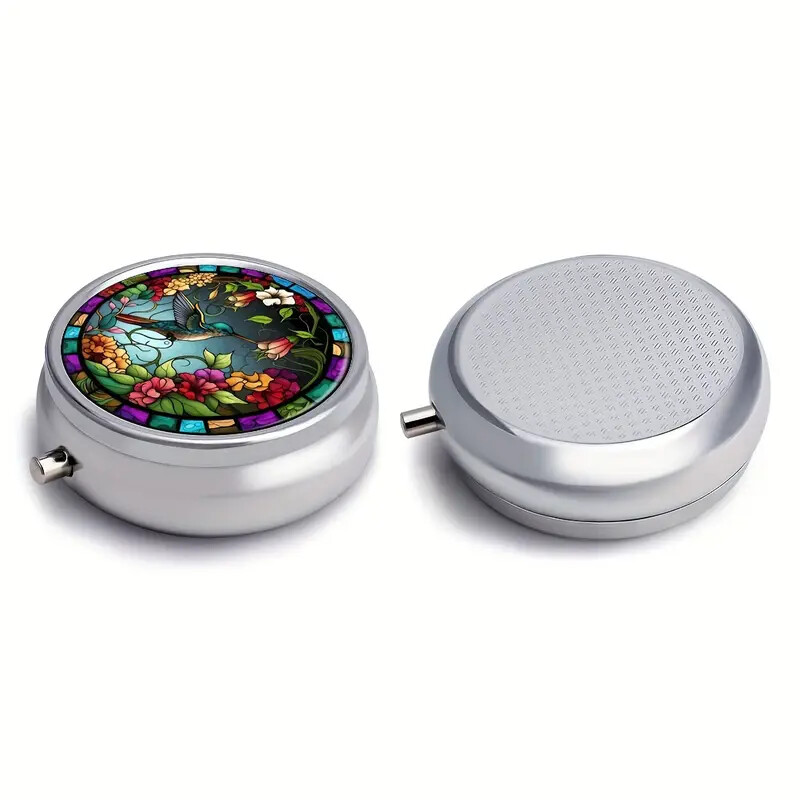 Hummingbird Pill Box Round Pill Box, 3 Compartment Mini Decorative Pocket Size