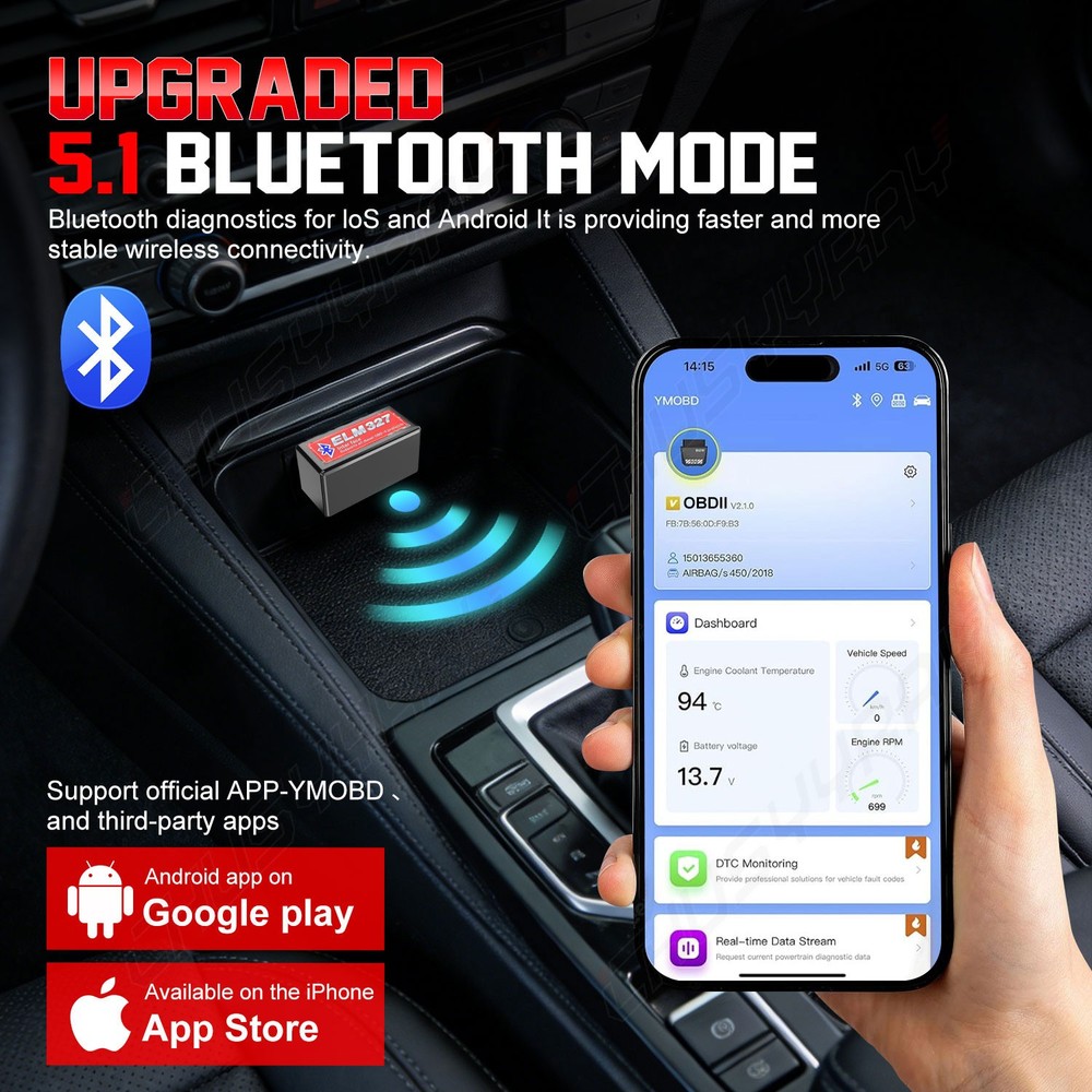 ELM327 OBD2 Code Reader Upgraded 5.1 Bluetooth Mode For diesel vehicles 12V-24V