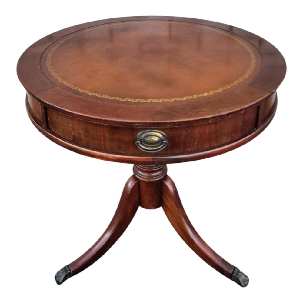 1940s Mahogany Round Side Table with Tooled Leather Top and Brass Pull Decor